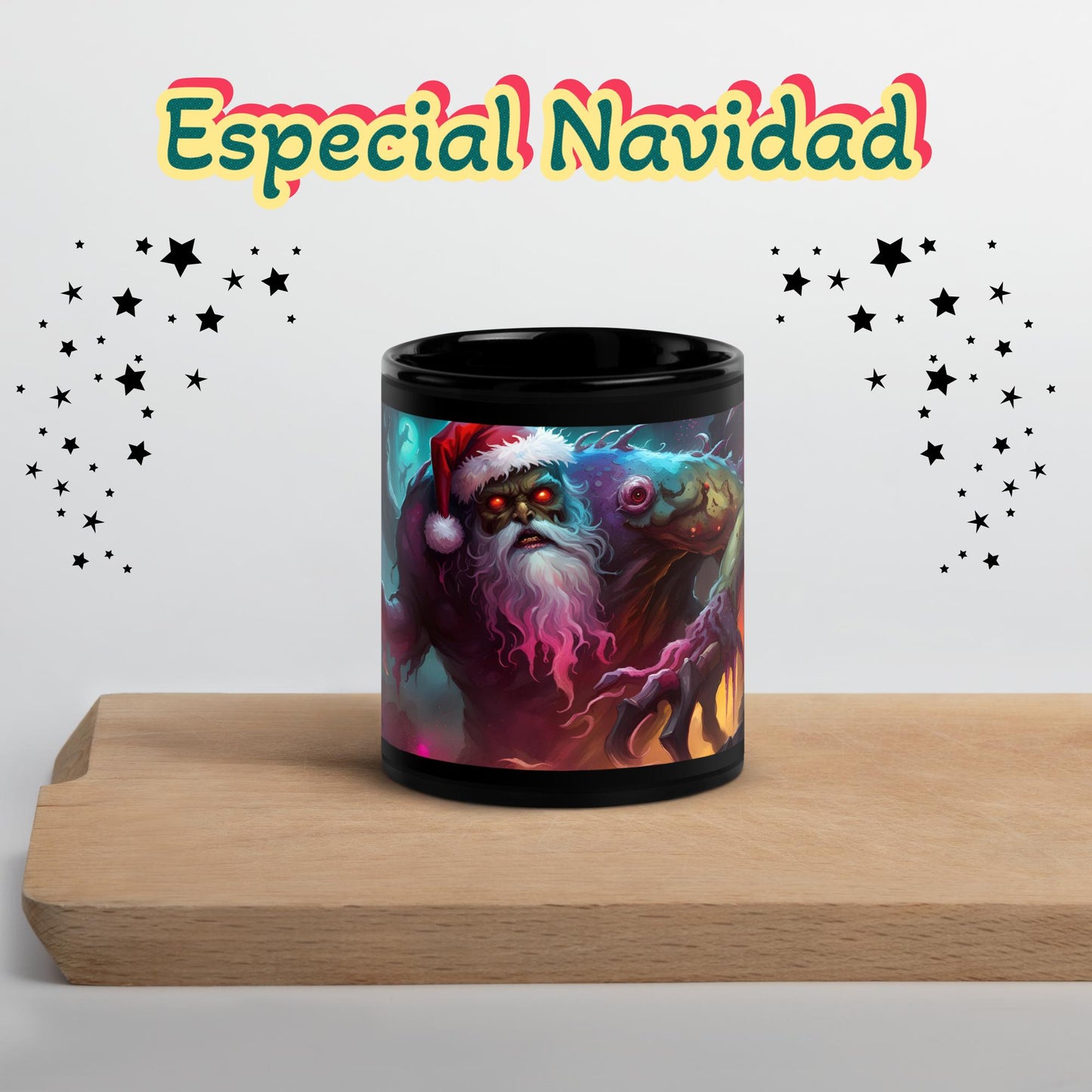 Especial regalo navidad Monster Santa taza negra brillante