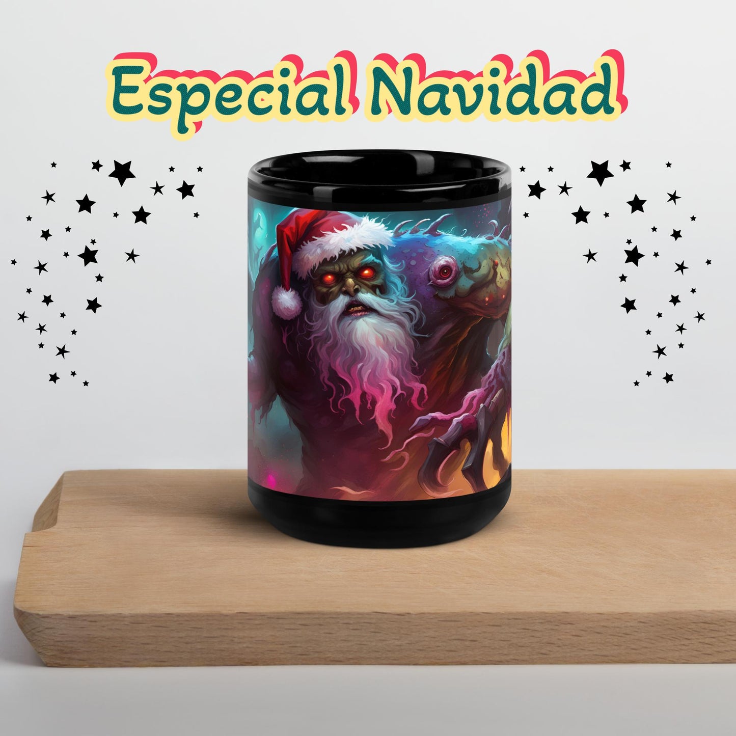 Especial regalo navidad Monster Santa taza negra brillante